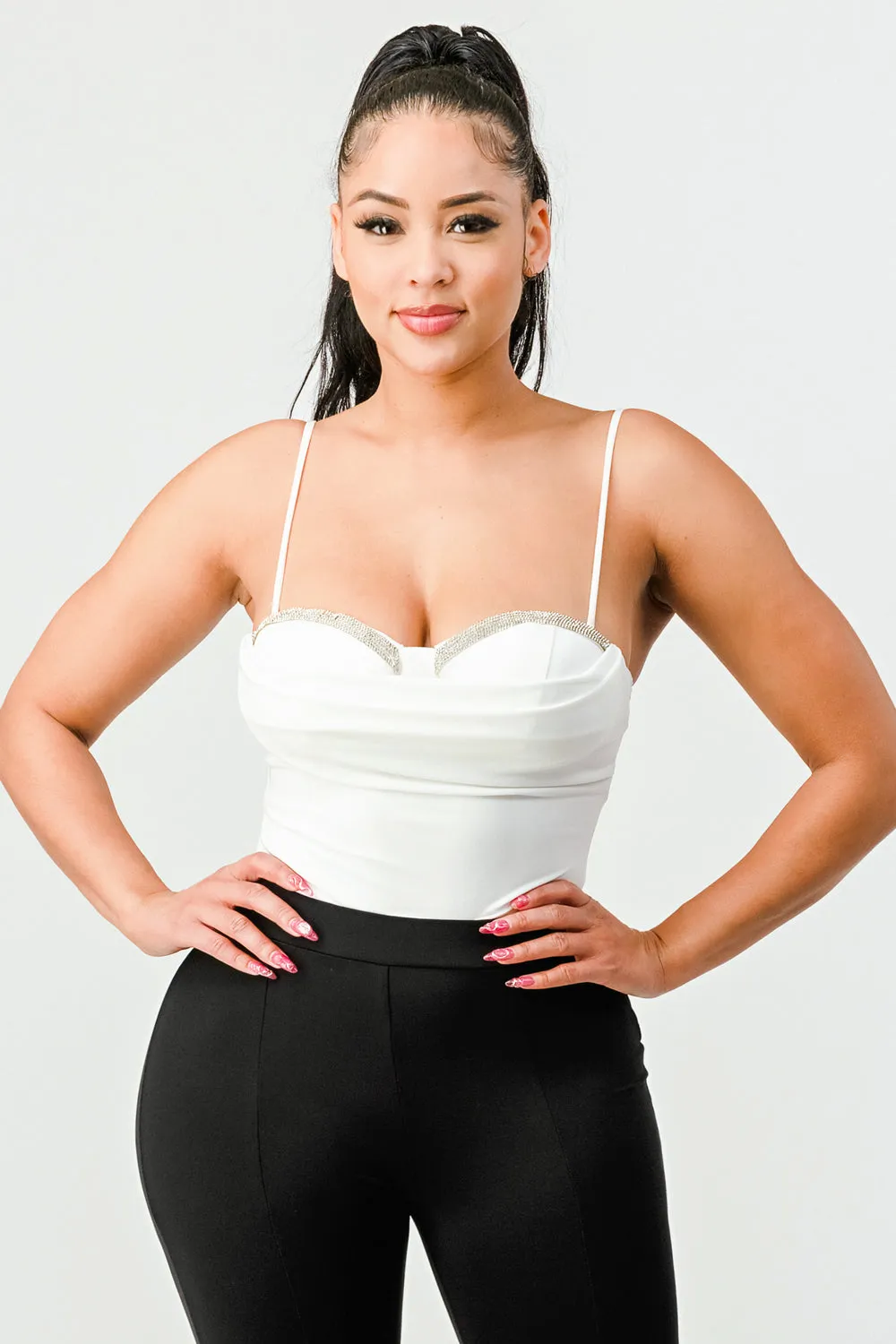 LUX TECHNO CREPE RHINESTONES SWEETHEART BODYSUIT sold by privy