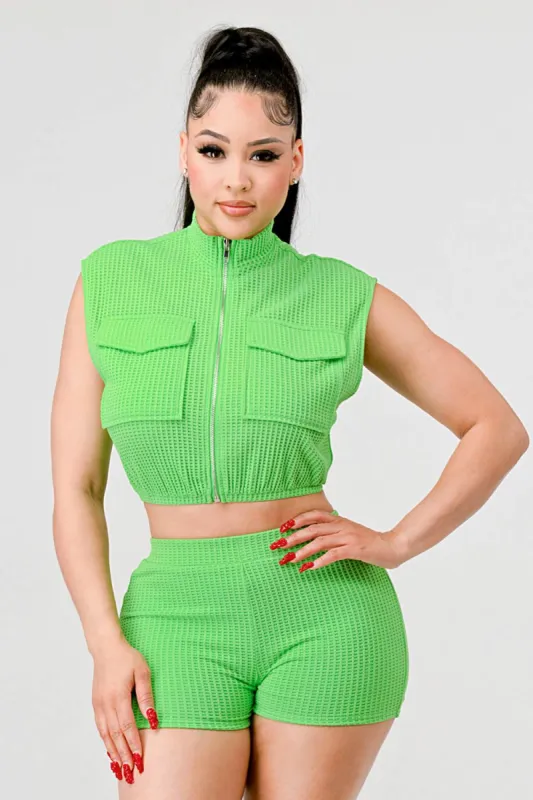 WAFFLE MESH ZIP UP POCKETS CROP TOP AND SHORTS SET sold by privy