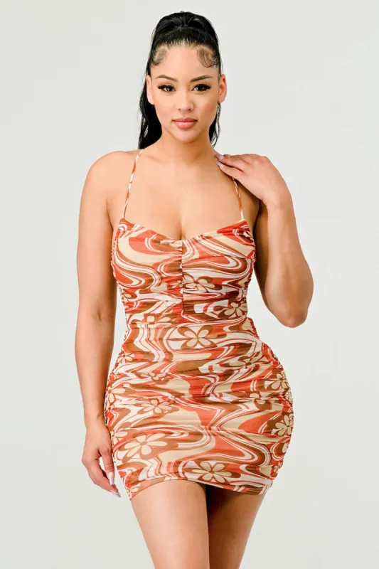 PD73326N-W / MARBLE PRINT MESH DRAWSTRING BACK MINI DRESS sold by privy