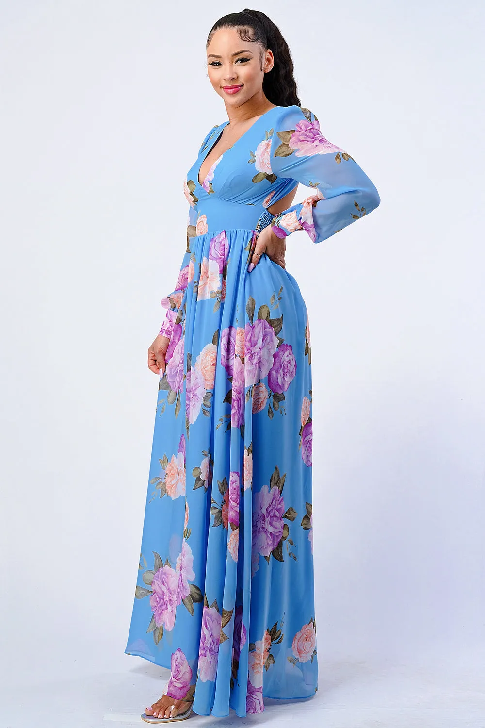 FLORAL V-NECK PUFF SLEEVES OPEN BACK MAXI DRESS sold by privy product image thumbnail 2