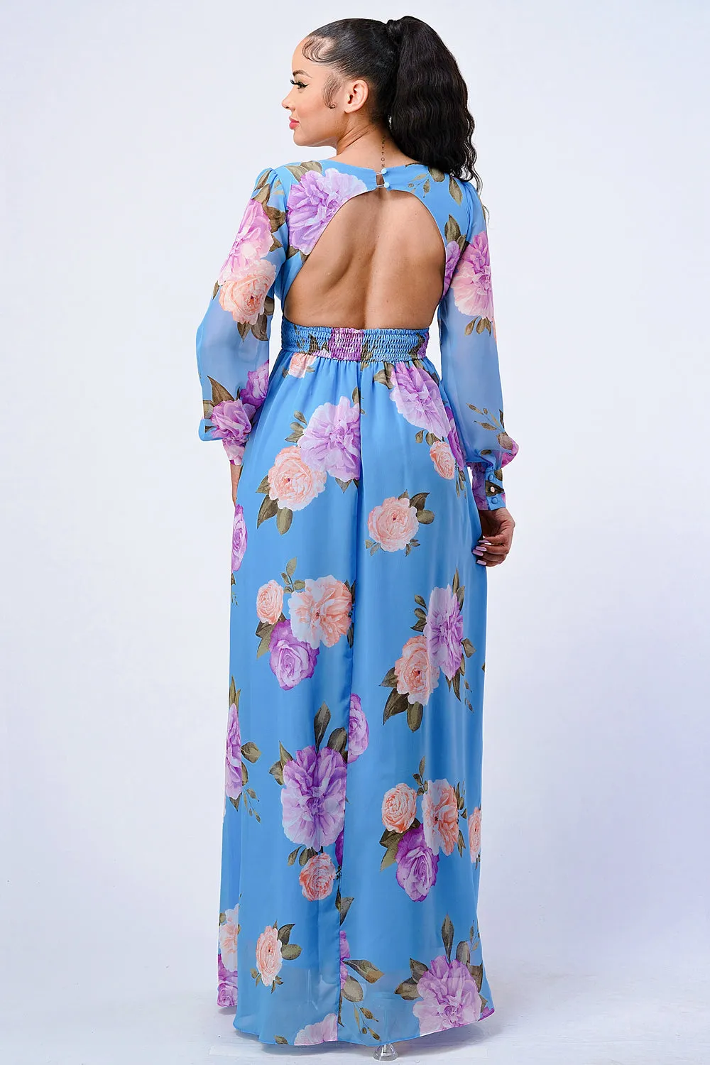 FLORAL V-NECK PUFF SLEEVES OPEN BACK MAXI DRESS sold by privy product image thumbnail 3