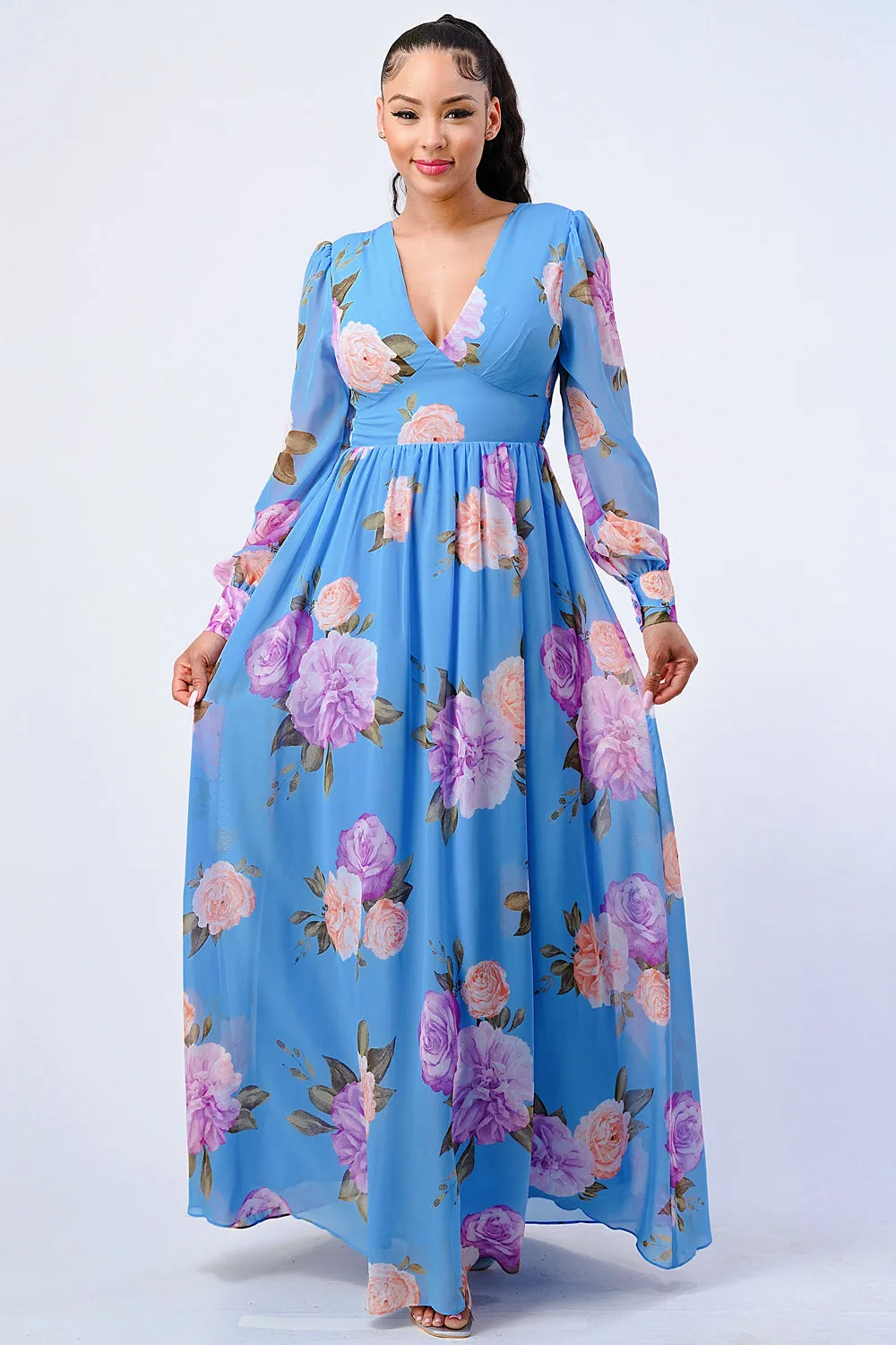 FLORAL V-NECK PUFF SLEEVES OPEN BACK MAXI DRESS sold by privy product image thumbnail 4