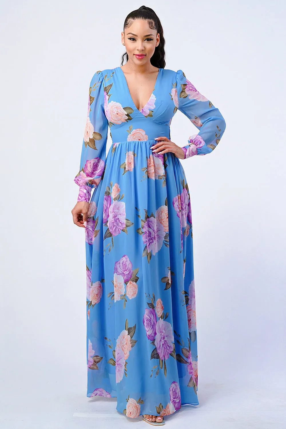 FLORAL V-NECK PUFF SLEEVES OPEN BACK MAXI DRESS sold by privy
