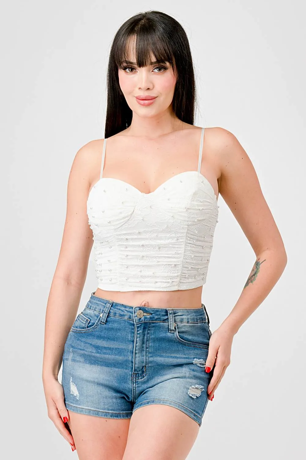 LUXE PEARL MESH SWEETHEART CAMI BUSTIER CROP TOP sold by privy