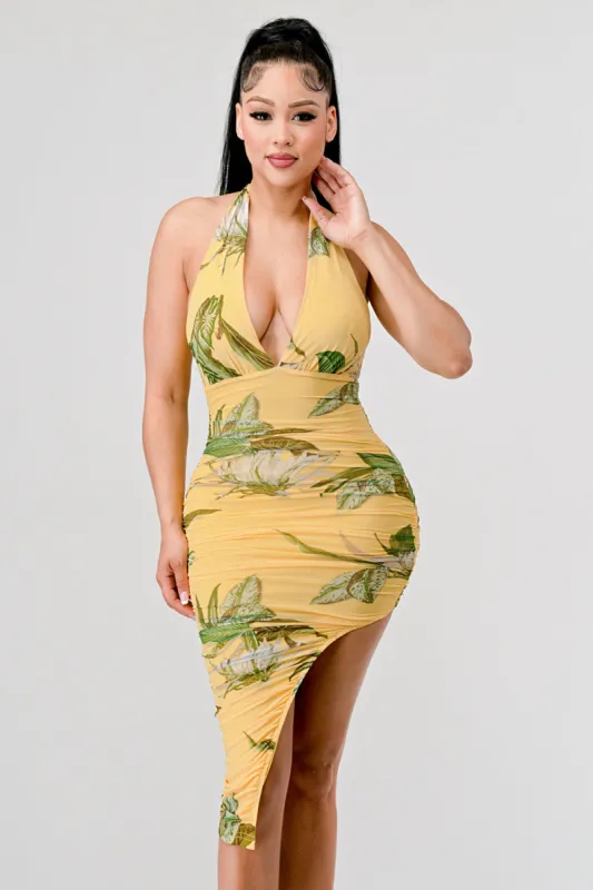 TROPICAL FLORAL MESH  ASYMMETRICAL HALTER DRESS sold by privy