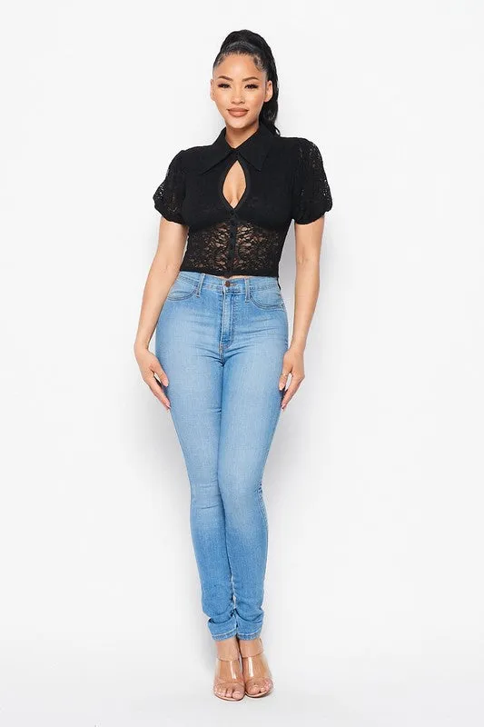 SEXY LACE CHEST CUT-OUT COLLARED SHEER TOP sold by privy product image thumbnail 3