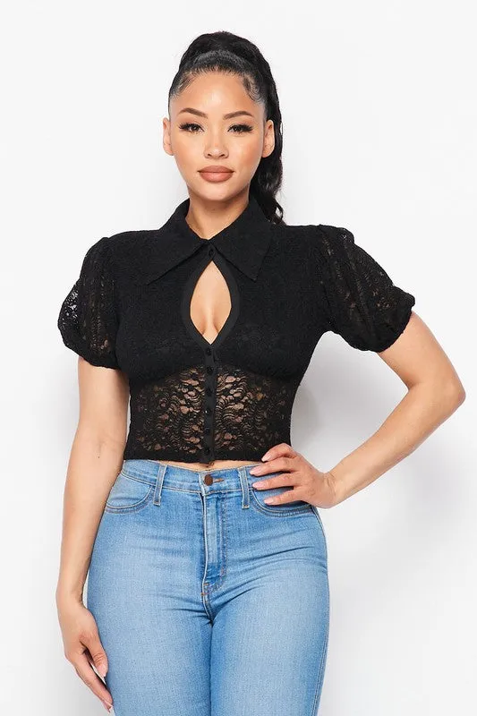 SEXY LACE CHEST CUT-OUT COLLARED SHEER TOP sold by privy