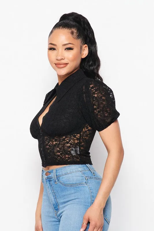 SEXY LACE CHEST CUT-OUT COLLARED SHEER TOP sold by privy product image thumbnail 2