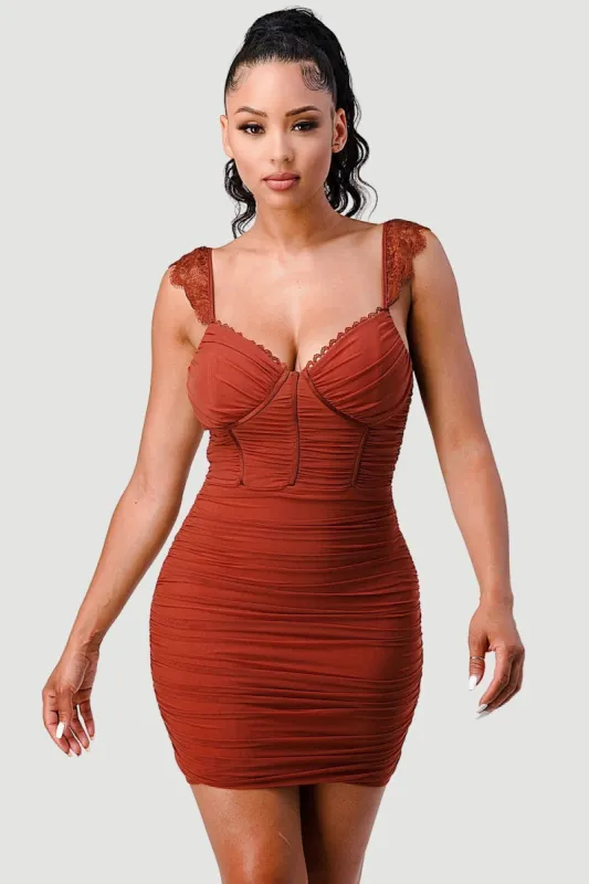 RUCHED MESH LAYER LACE STRAP MINI DRESS sold by privy