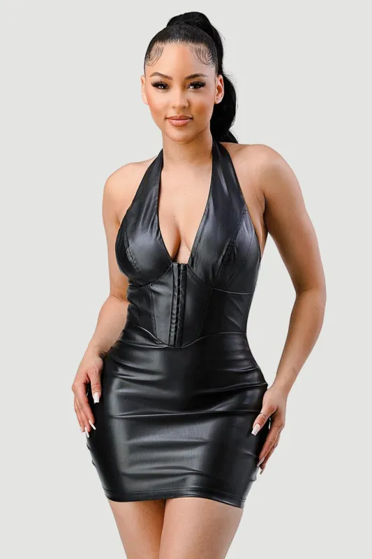 PD72437N / LUX SUPER STRETCH PU HALTER NECK BODYCON DRESS sold by privy