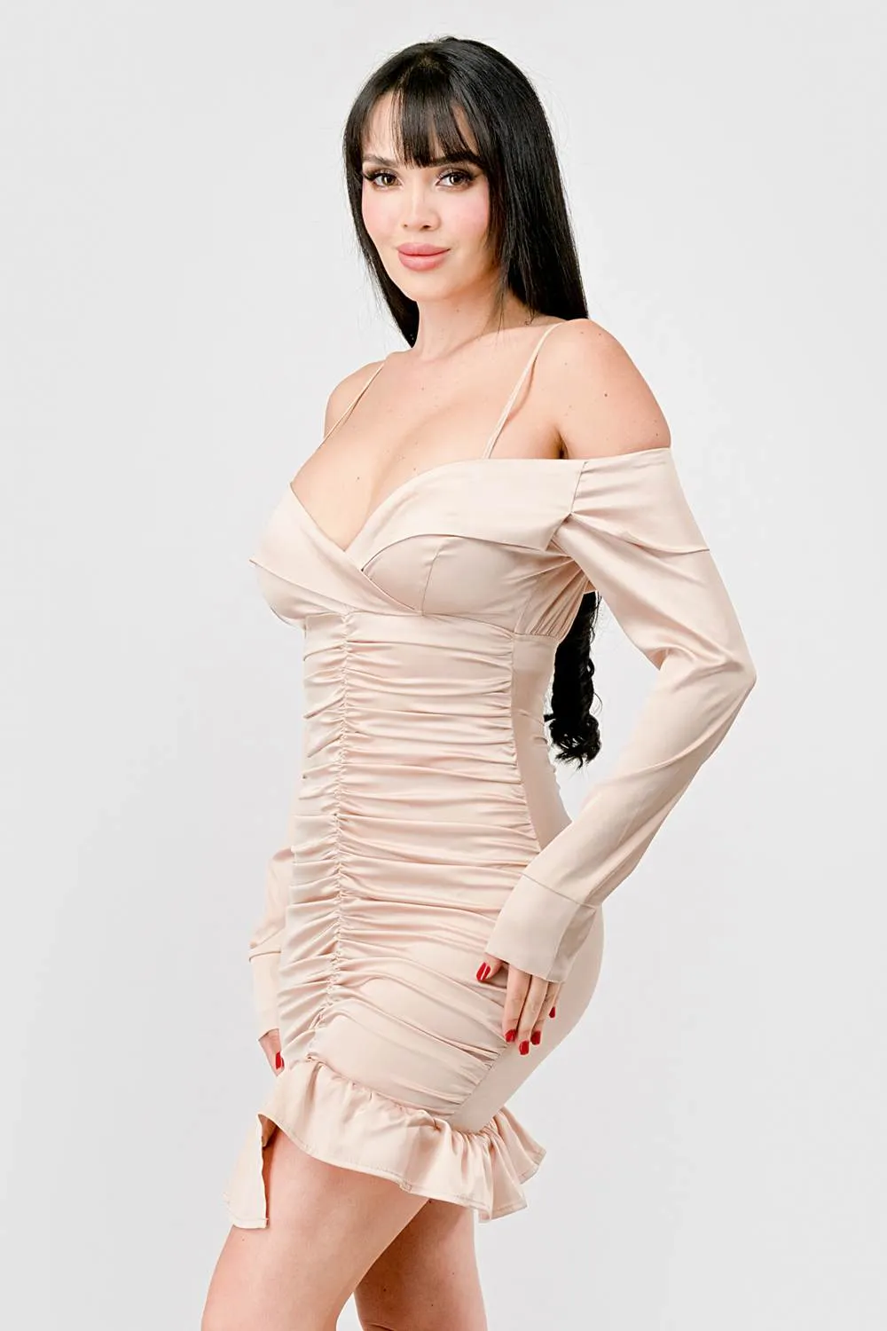 LUXE SATIN OFF SHOULDER SHIRRING RUFFLED MINI DRESS sold by privy product image thumbnail 2