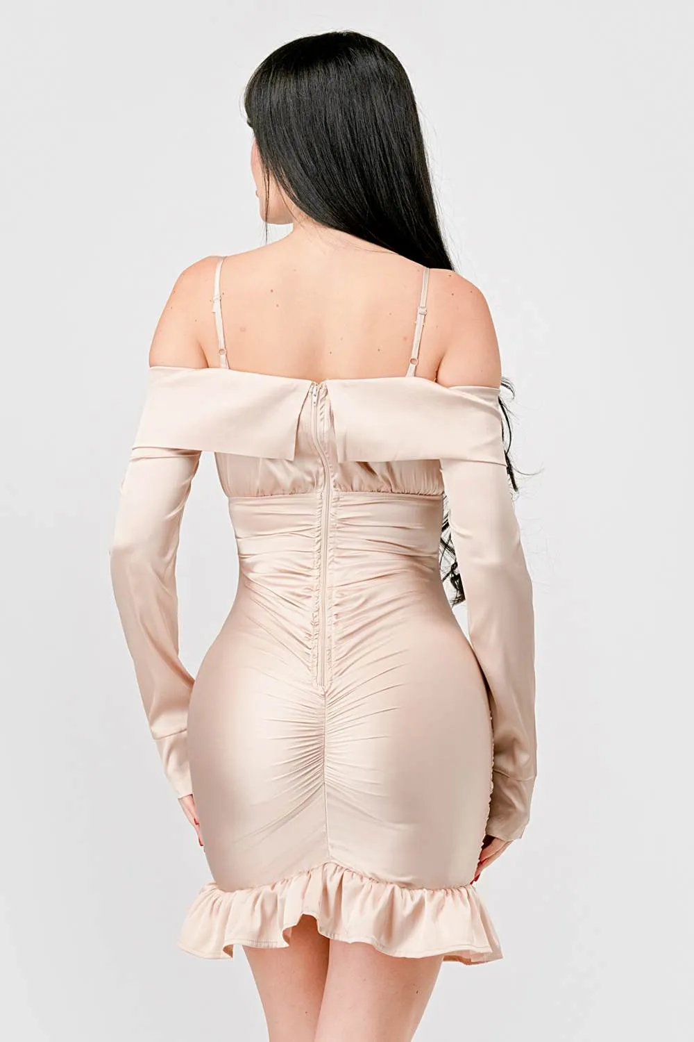 LUXE SATIN OFF SHOULDER SHIRRING RUFFLED MINI DRESS sold by privy product image thumbnail 3