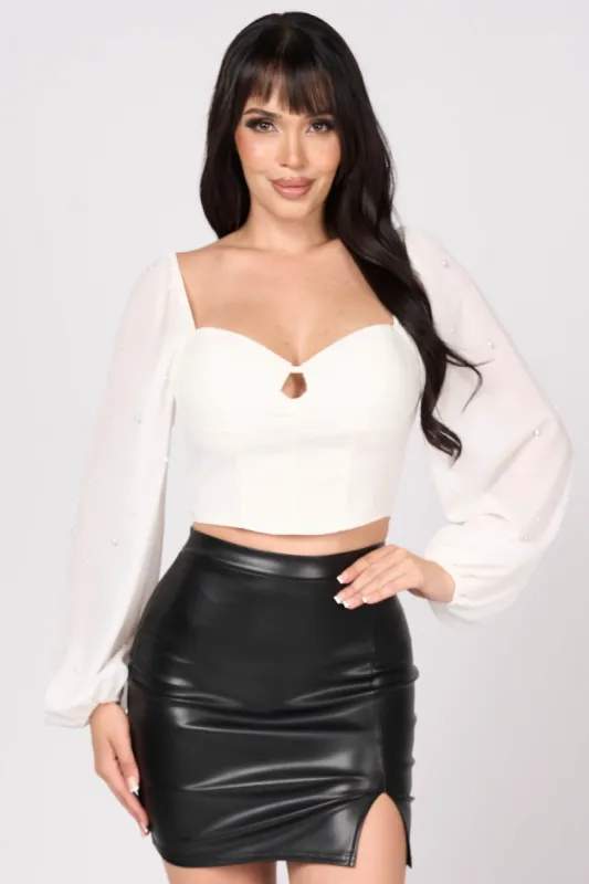 LUXE PEARL PEASANT LONG SLEEVES KEYHOLE CROP TOP sold by privy