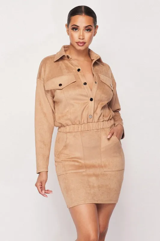 FAUX SUEDE BUTTON-UP SHIRT DRESS sold by privy