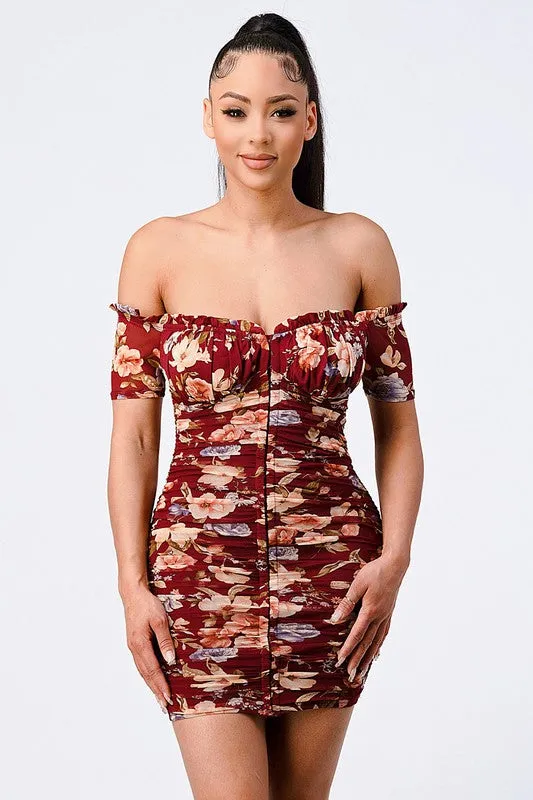 PD71641ZP-W / FLORAL OFF SHOULDER MESH RUCHED BODYCON DRESS sold by privy