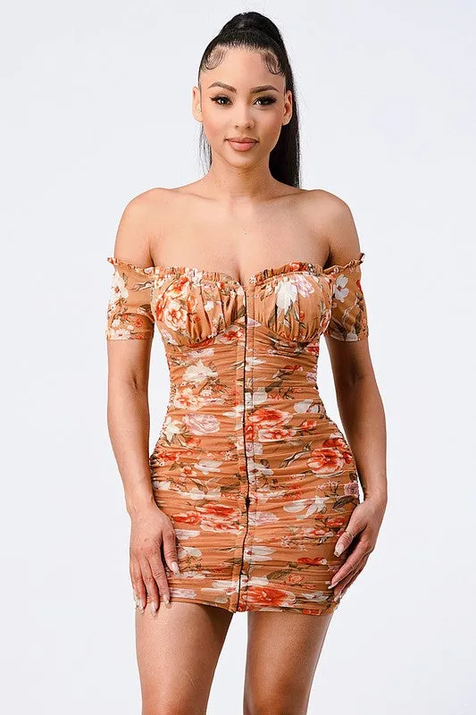 PD71641ZP-W / FLORAL OFF SHOULDER MESH RUCHED BODYCON DRESS sold by privy product image thumbnail 5