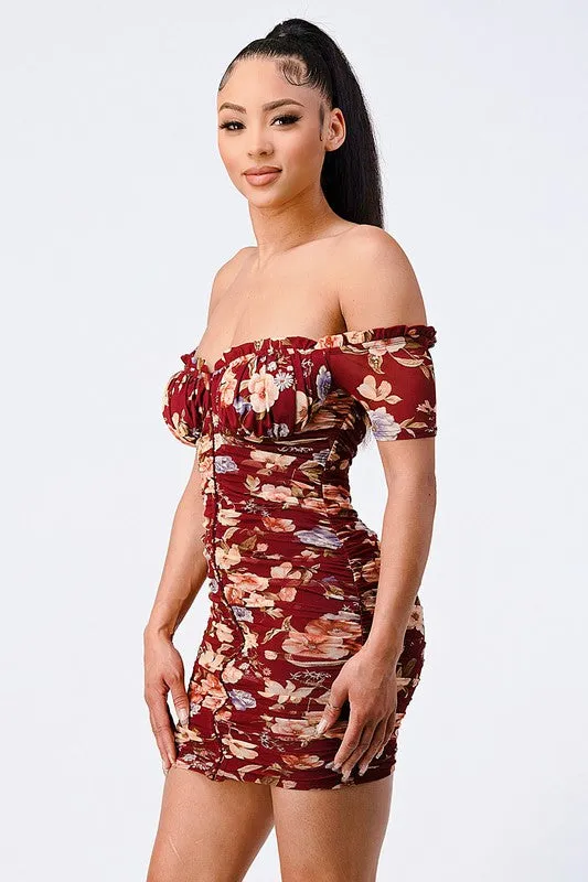 PD71641ZP-W / FLORAL OFF SHOULDER MESH RUCHED BODYCON DRESS sold by privy product image thumbnail 2
