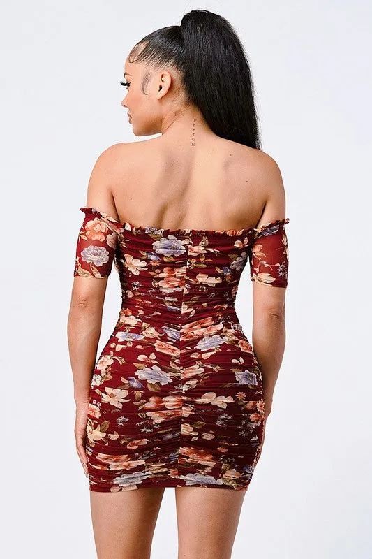 PD71641ZP-W / FLORAL OFF SHOULDER MESH RUCHED BODYCON DRESS sold by privy product image thumbnail 3