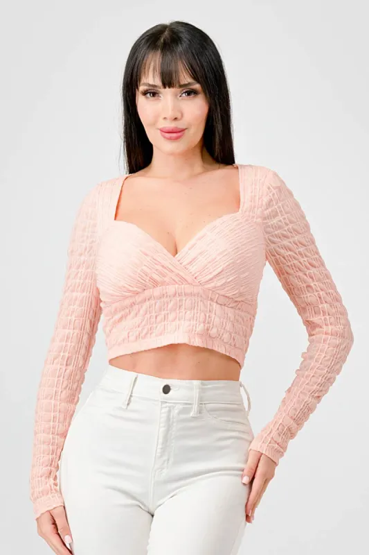 TEXTURED SWEEETHEART LONG SLEEVES CROPPED TOP sold by privy