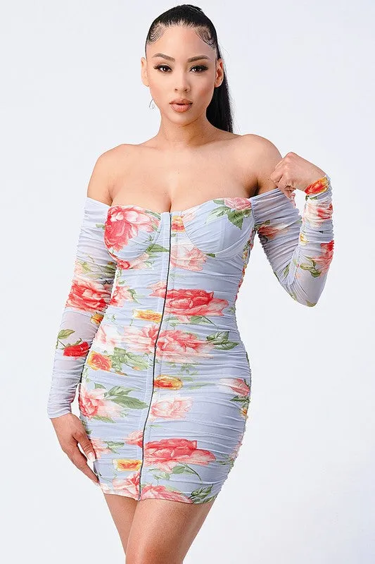 VINTAGE FLORAL RUCHED OFF SHOULDER BODYCON DRESS sold by privy