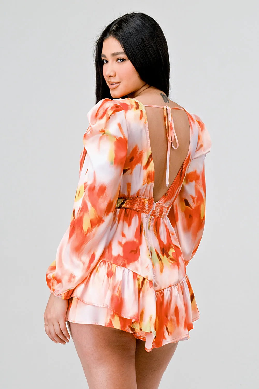 LUXE SATIN ABSTRACT PRINT V NECK RUFFLED ROMPER sold by privy product image thumbnail 3