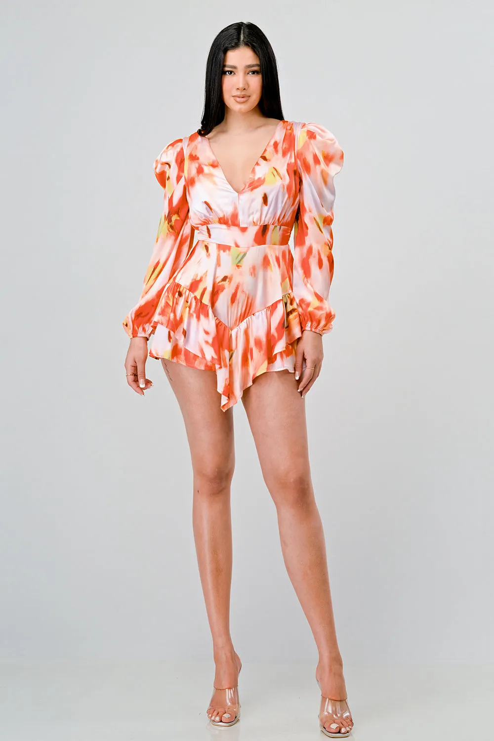 LUXE SATIN ABSTRACT PRINT V NECK RUFFLED ROMPER sold by privy product image thumbnail 4