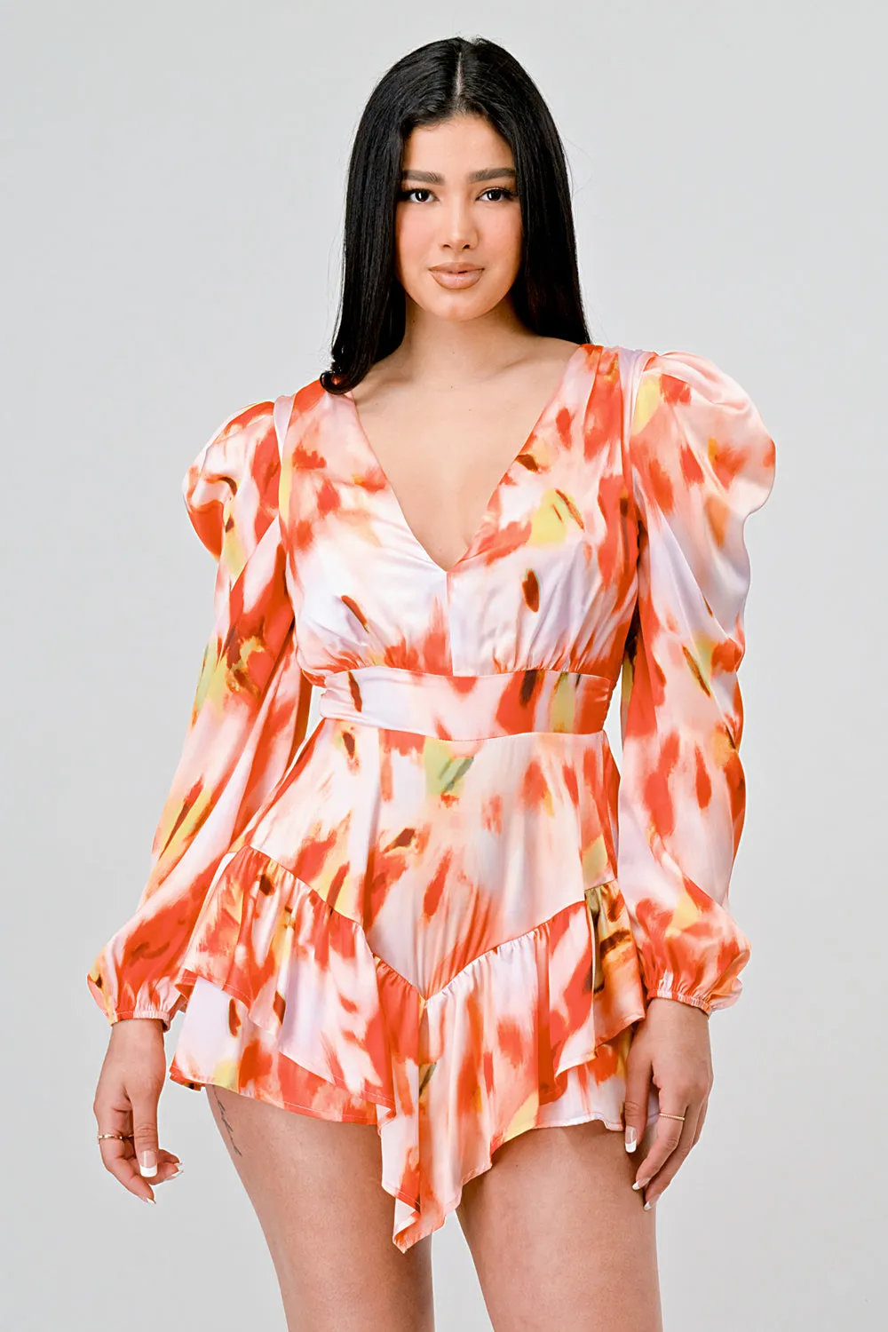 LUXE SATIN ABSTRACT PRINT V NECK RUFFLED ROMPER sold by privy