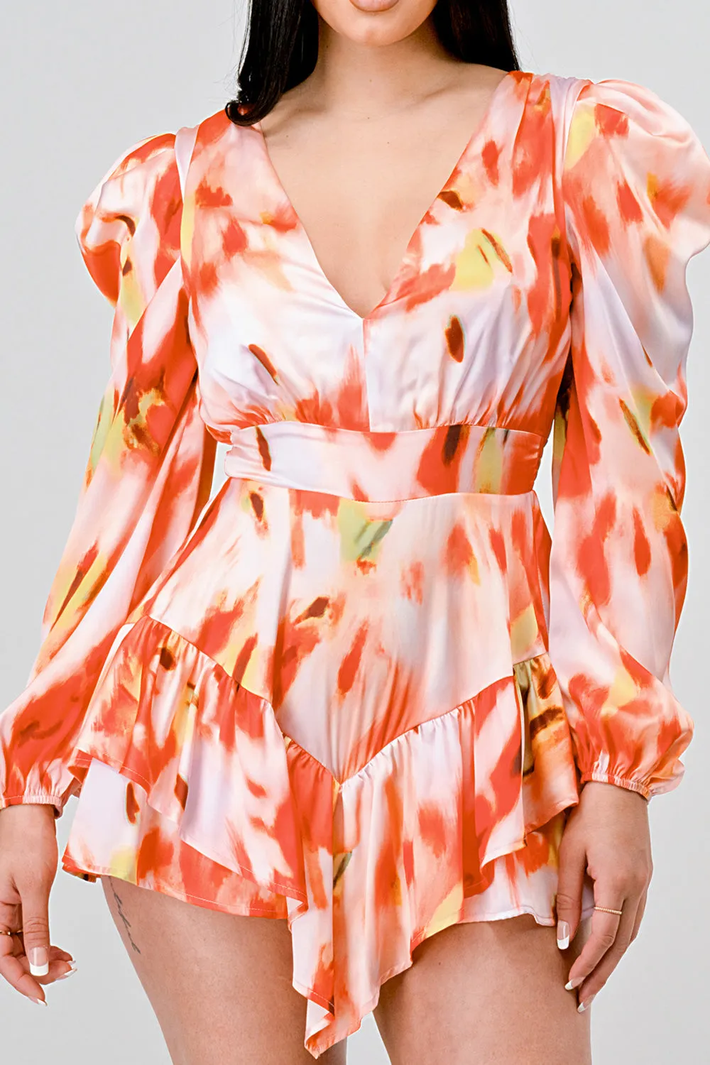 LUXE SATIN ABSTRACT PRINT V NECK RUFFLED ROMPER sold by privy product image thumbnail 5