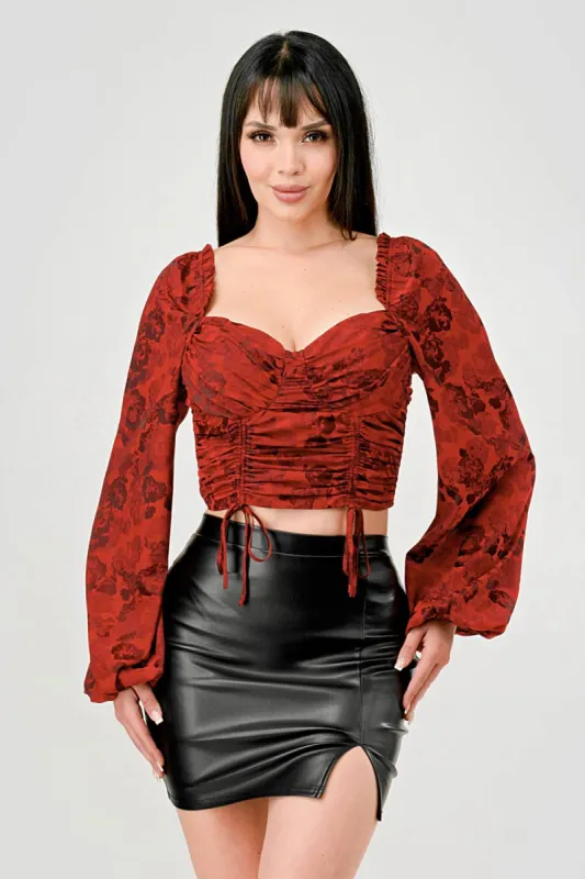 FLORAL PRINT SWEETHEART SMOCKED BACK CROPPED TOP sold by privy