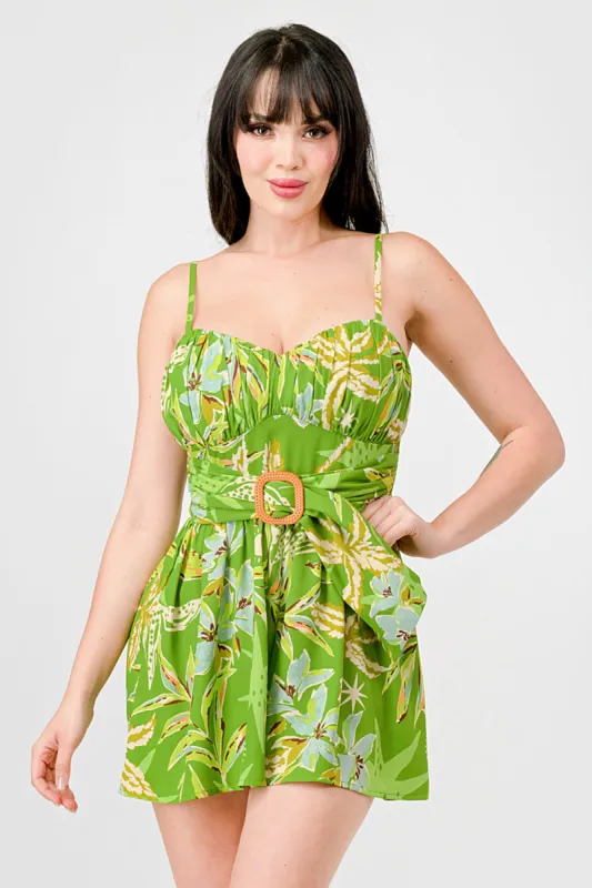 TROPICAL FLORAL PRINT SMOCKED WAIST BELTED ROMPER sold by privy