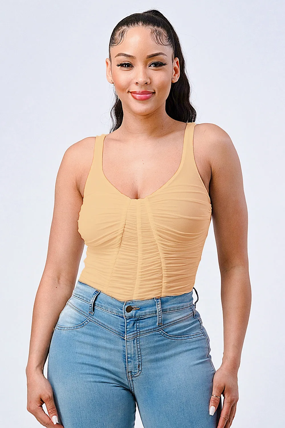 SUPER STRETCH RUCHED ROUND NECK BODYSUIT sold by privy
