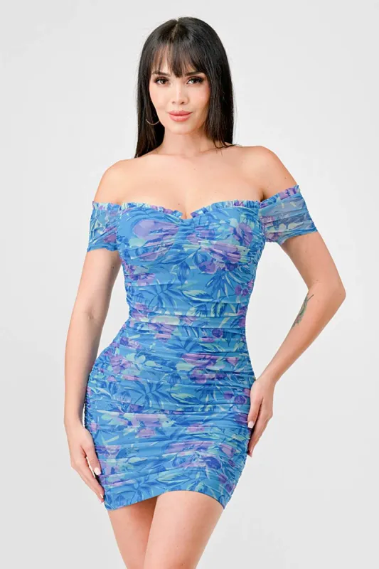 FLORAL MESH OFF SHOULDER RUCHED MINI DRESS sold by privy
