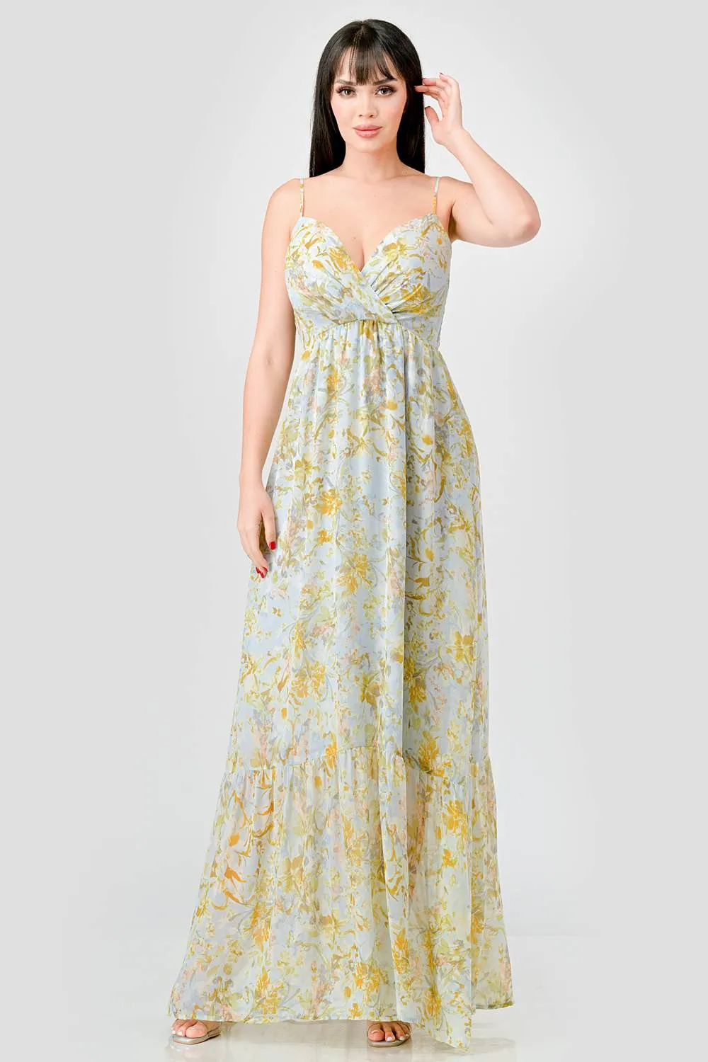 PD71861H-W / FLORAL CHIFFON SMOCKED BACK RUFFLED MAXI DRESS sold by privy