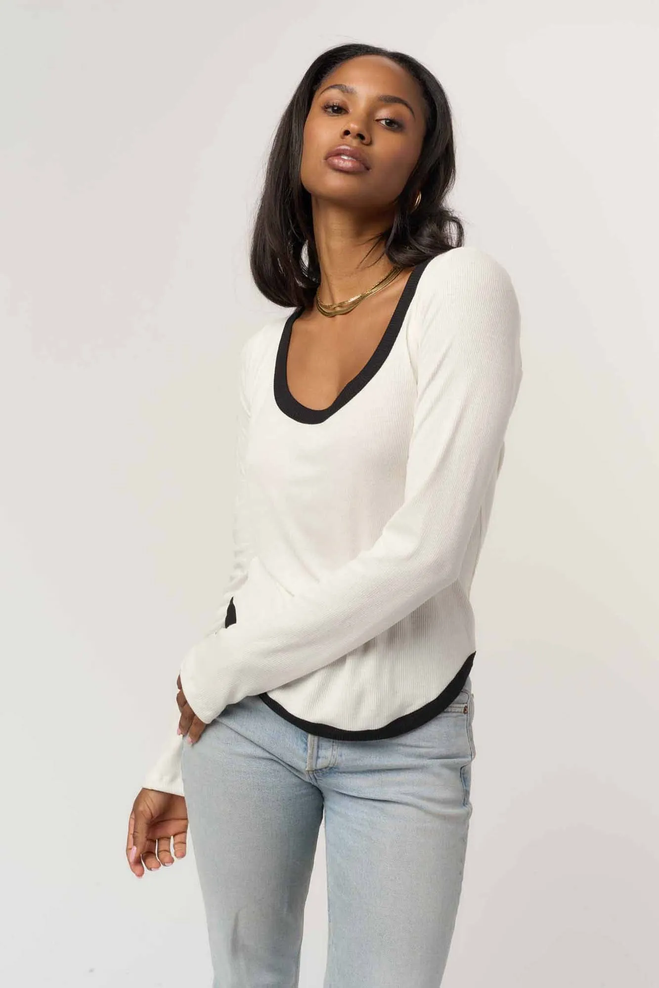Jena Contrast Scoop Neck Rib Longsleeve - Ivory/Black sold by Project Social T product image thumbnail 3