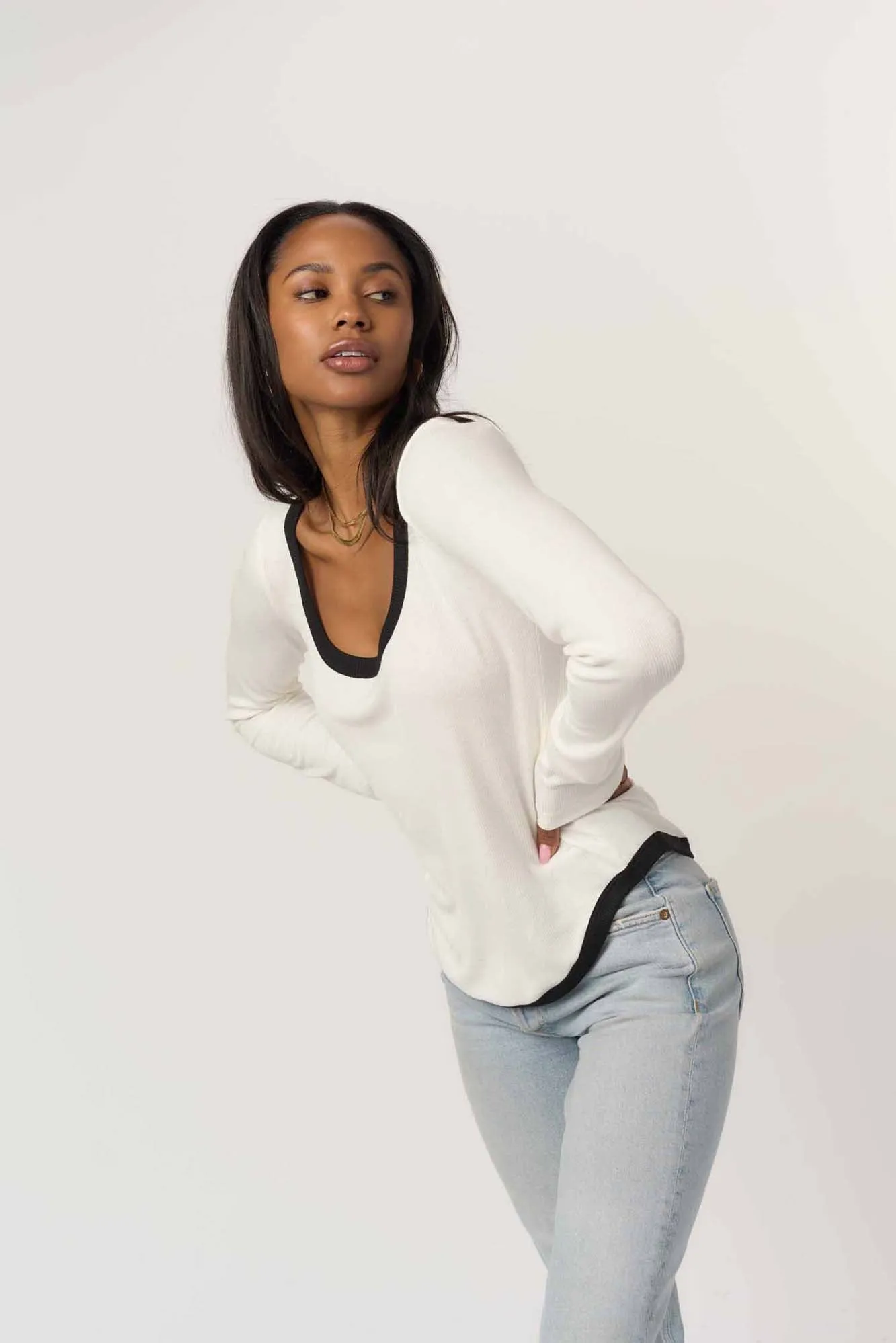 Jena Contrast Scoop Neck Rib Longsleeve - Ivory/Black sold by Project Social T product image thumbnail 2