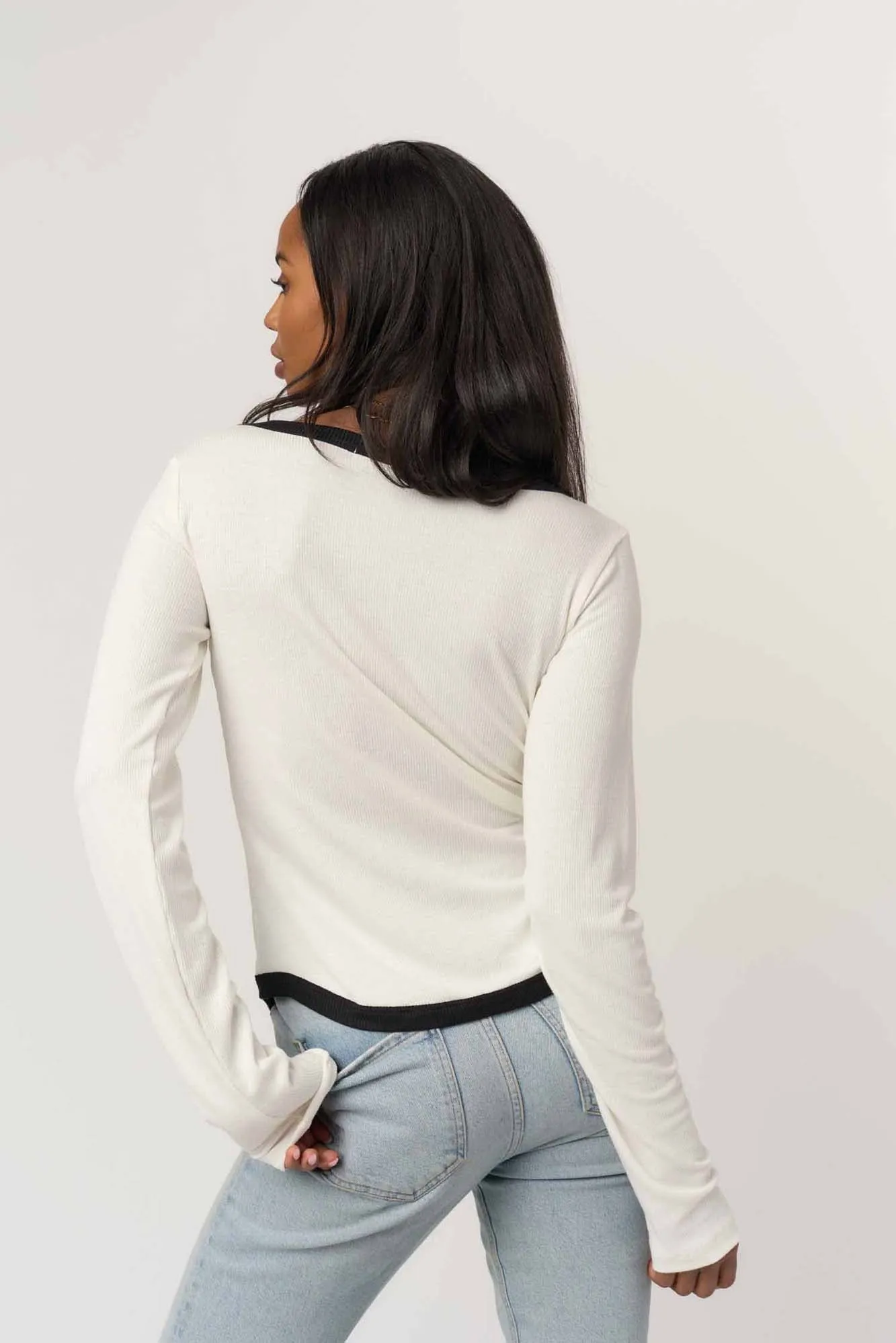 Jena Contrast Scoop Neck Rib Longsleeve - Ivory/Black sold by Project Social T product image thumbnail 4