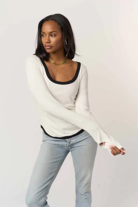 Jena Contrast Scoop Neck Rib Longsleeve - Ivory/Black sold by Project Social T