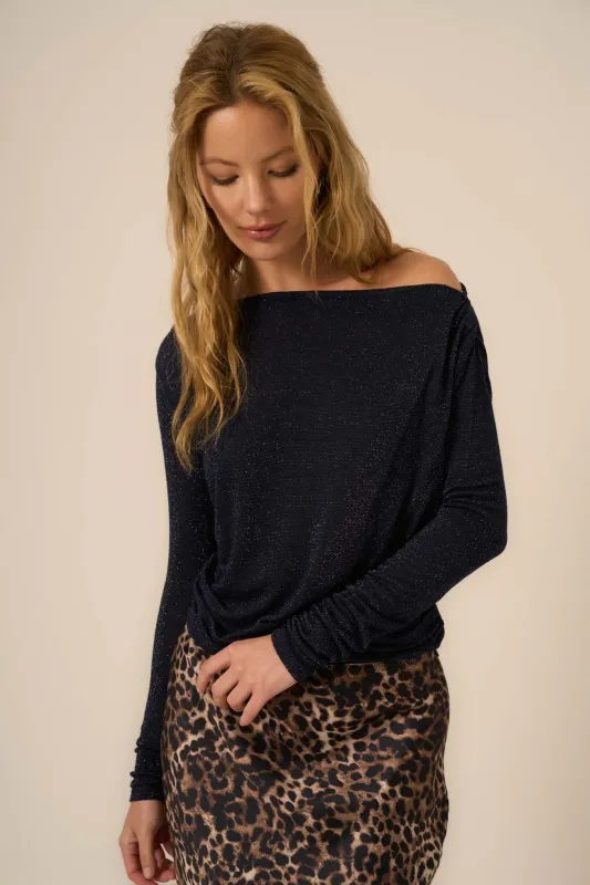 Feeling It Off Shoulder Lurex Long Sleeve - Dark Night sold by Project Social T