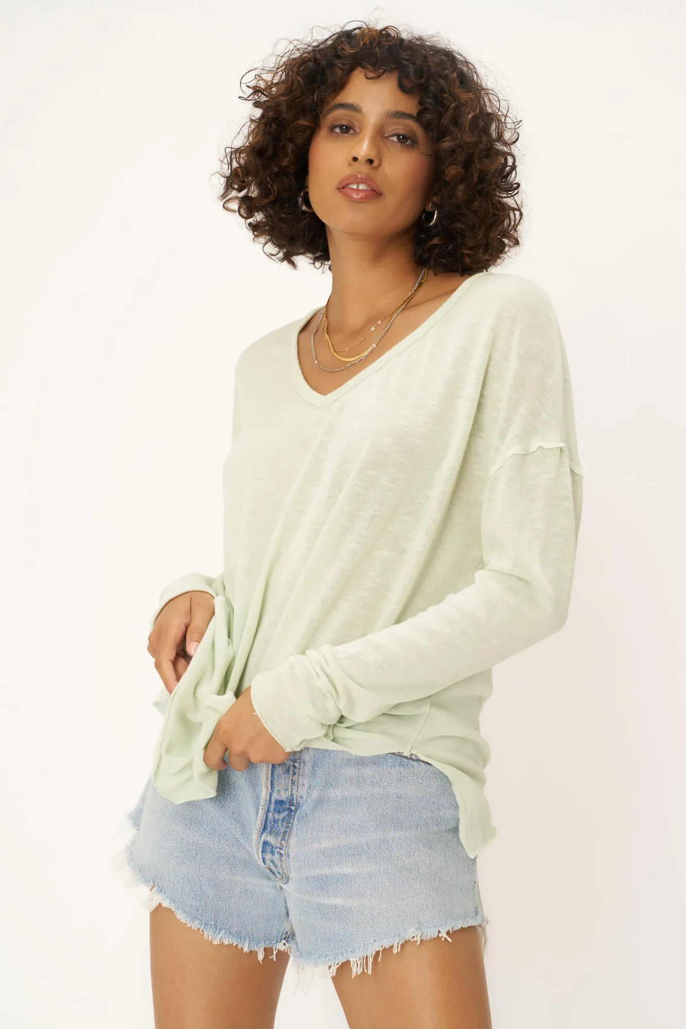 Mae Textured Relaxed V-Neck Long Sleeve - Mint Matcha sold by Project Social T product image thumbnail 3
