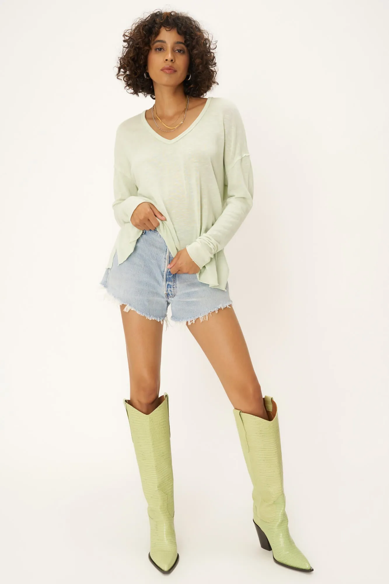 Mae Textured Relaxed V-Neck Long Sleeve - Mint Matcha sold by Project Social T product image thumbnail 2