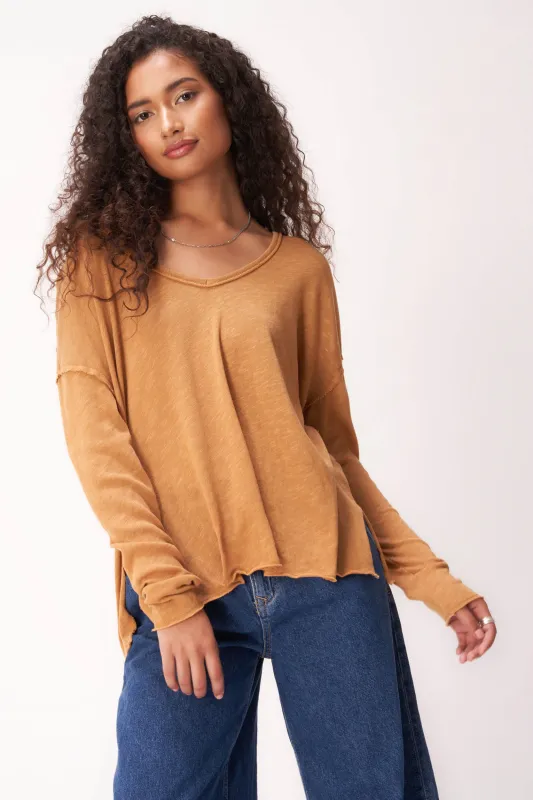 Mae Textured Relaxed V-Neck Long Sleeve - Inca Gold sold by Project Social T