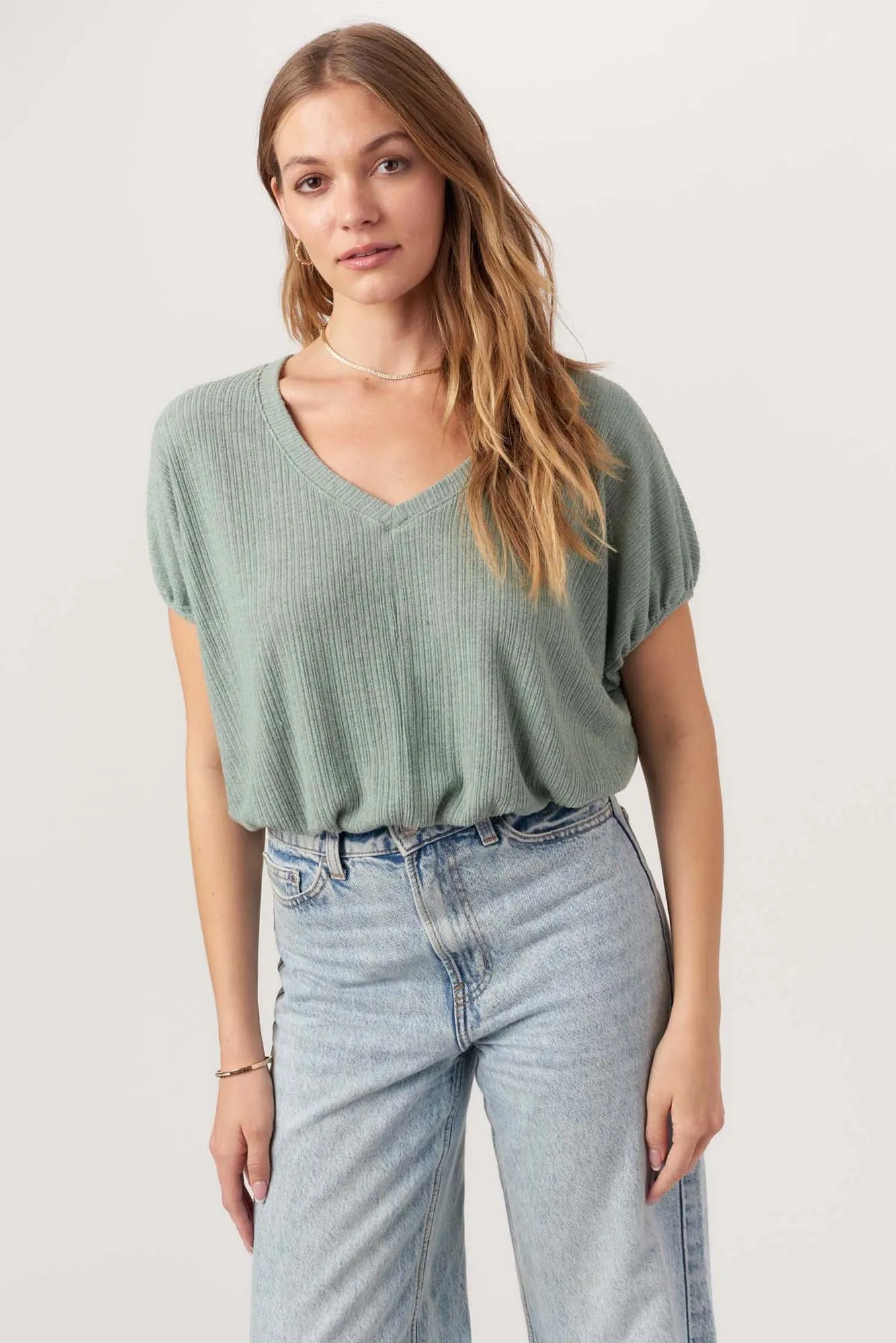 Cerise V-Neck Bubble Rib Tee sold by Project Social T