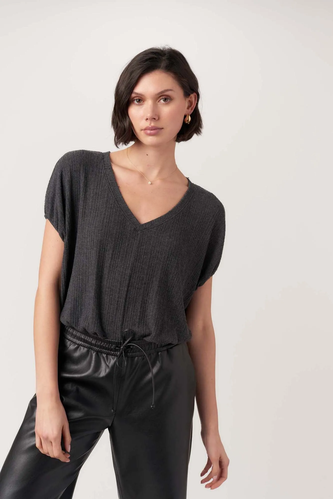 Cerise V-Neck Bubble Rib Tee sold by Project Social T