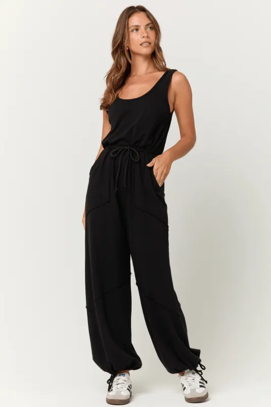 Journey Tie Front Terry Jumpsuit - Black sold by Project Social T