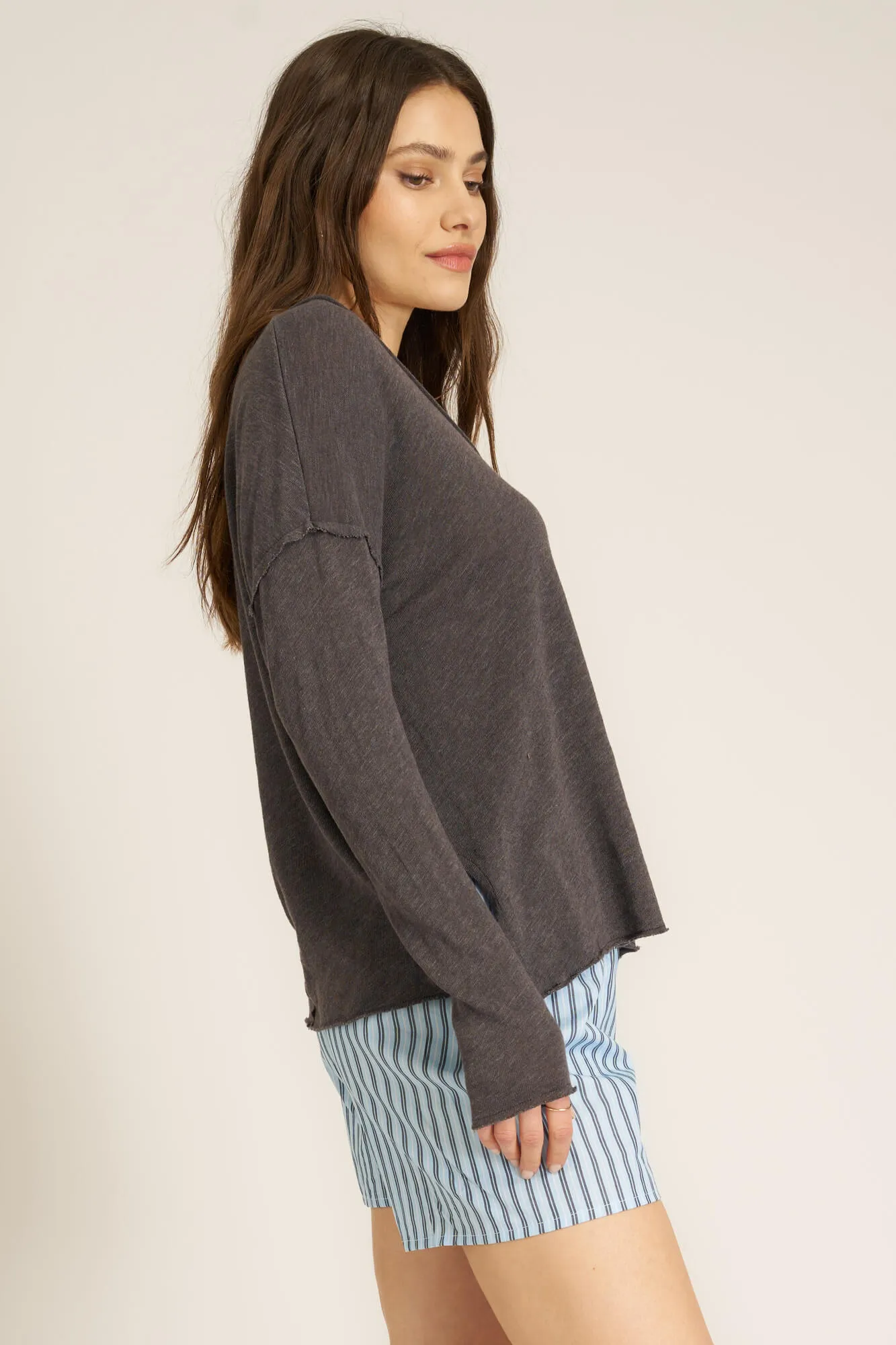 Mae Textured Relaxed V-Neck Long Sleeve - Charcoal sold by Project Social T product image thumbnail 2