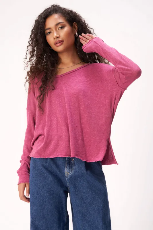 Mae Textured Relaxed V-Neck Long Sleeve - Winter Pomegranate sold by Project Social T