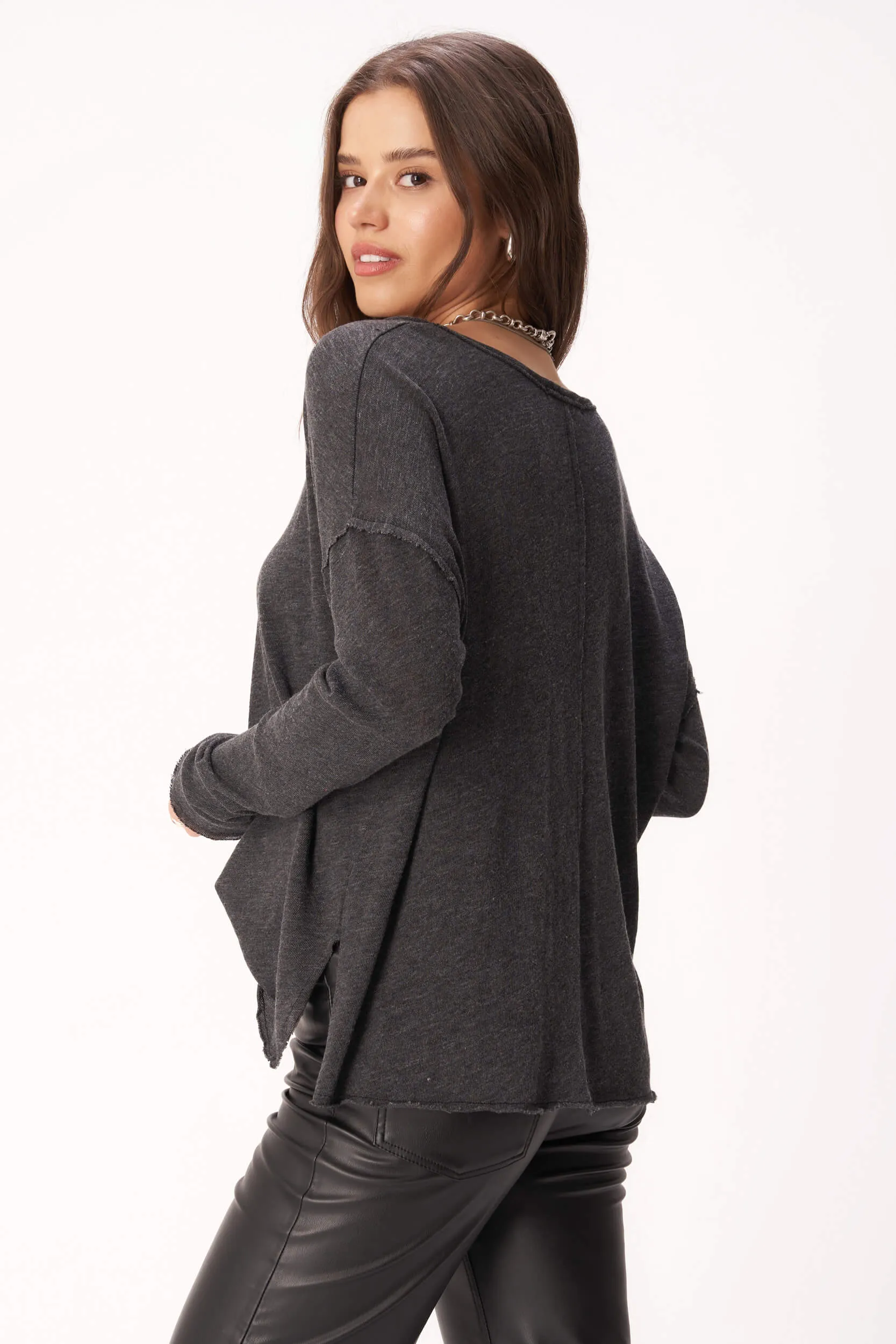 Mae Textured Relaxed V-Neck Long Sleeve - Black sold by Project Social T product image thumbnail 4