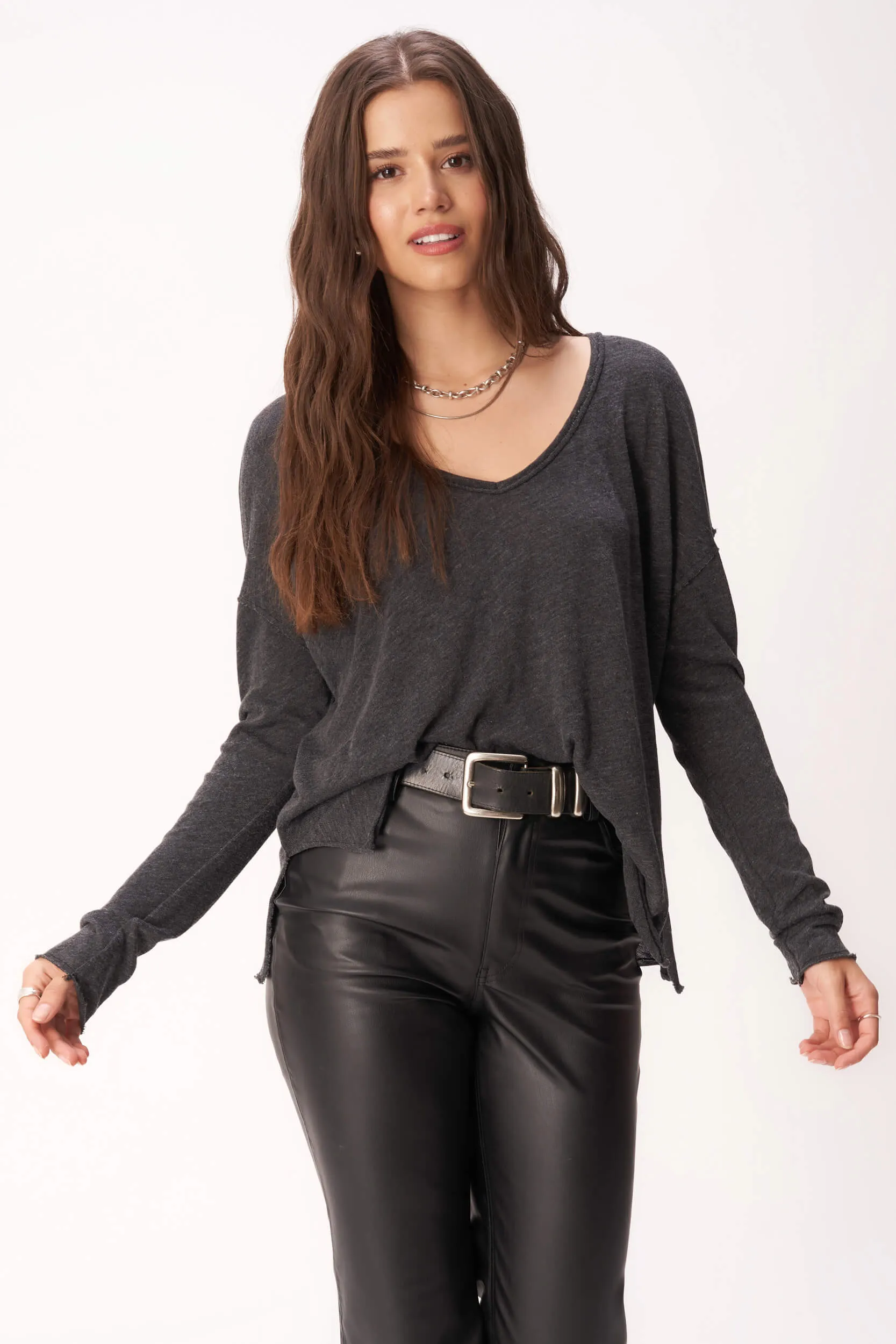 Mae Textured Relaxed V-Neck Long Sleeve - Black sold by Project Social T product image thumbnail 2