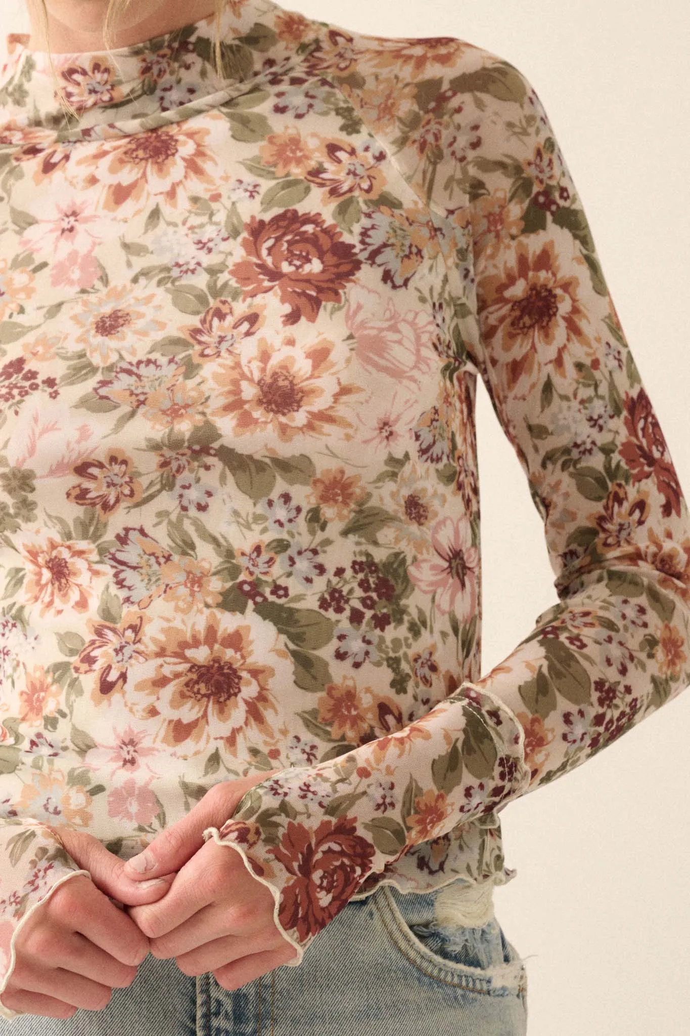 Blossom Forth Floral Mesh Mock-Neck Thumbhole Top sold by Promesa product image thumbnail 5