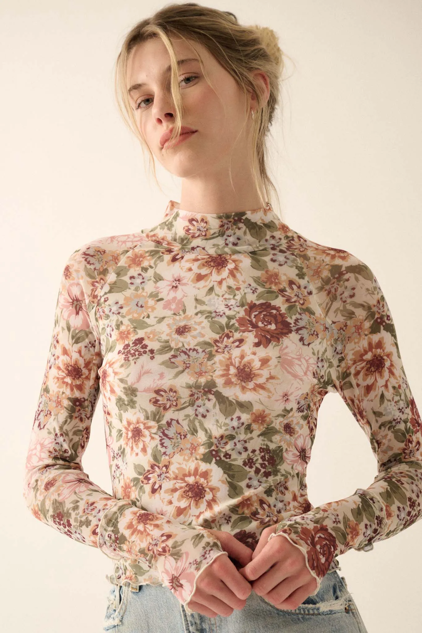 Blossom Forth Floral Mesh Mock-Neck Thumbhole Top sold by Promesa product image thumbnail 4